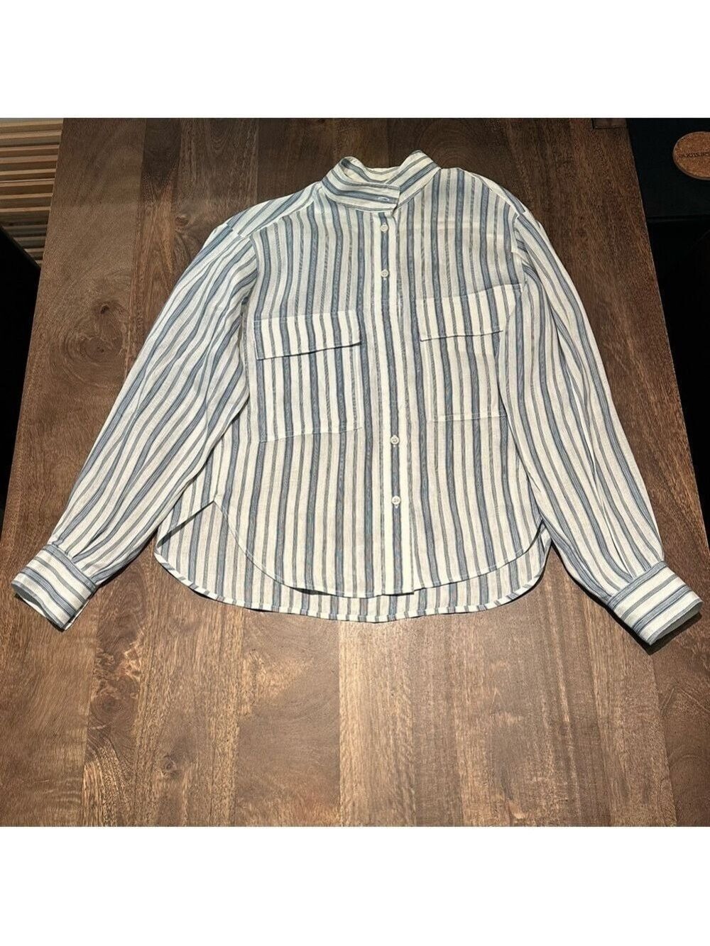 FRAME Stand-Collar Striped Linen-blend Shirt In Blue Size Small - Picture 10 of 11
